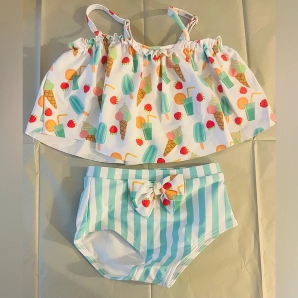 NEW…Toddler/Baby Girls Two-Piece Ice Cream & Stripe Swim Set